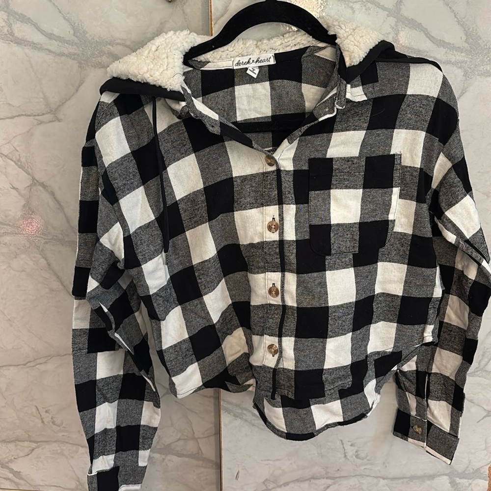 Derek heart flannel shirt with hood.